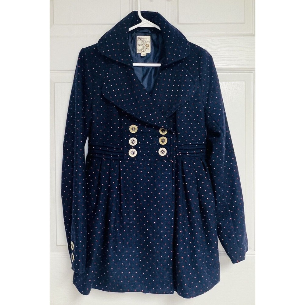 Anthropologie Tulle Women S Blazer Collar Wool Dress Coat Navy Pink Polka Dots